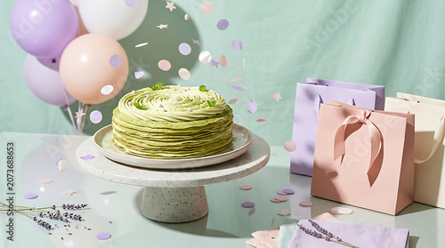 Layered green food dish presented on a white pedestal surrounded