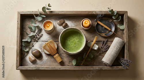 Wooden tray with natural bath products, soap, candles, and eucal