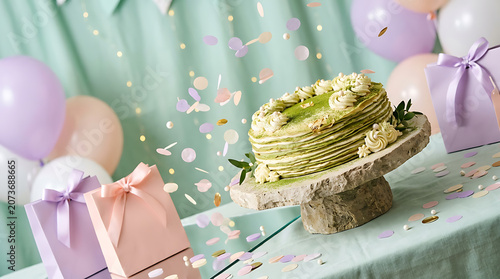 Tiered green cake on a rustic stone pedestal with pastel pink an