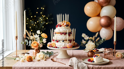 Elegant wedding cake centerpiece with fresh flowers and fruit