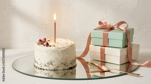Elegant white cake with rose petals and wrapped gifts on a glass