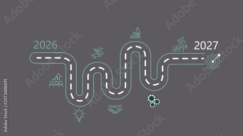 A winding roadmap illustrating a business journey from 2026 to 2027 with icons representing growth investment teamwork innovation partnership and achievement of goals