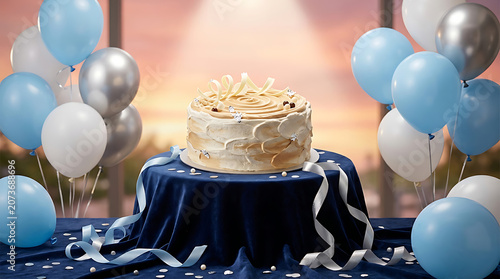 Celebration cake with blue and white balloons on a festive table