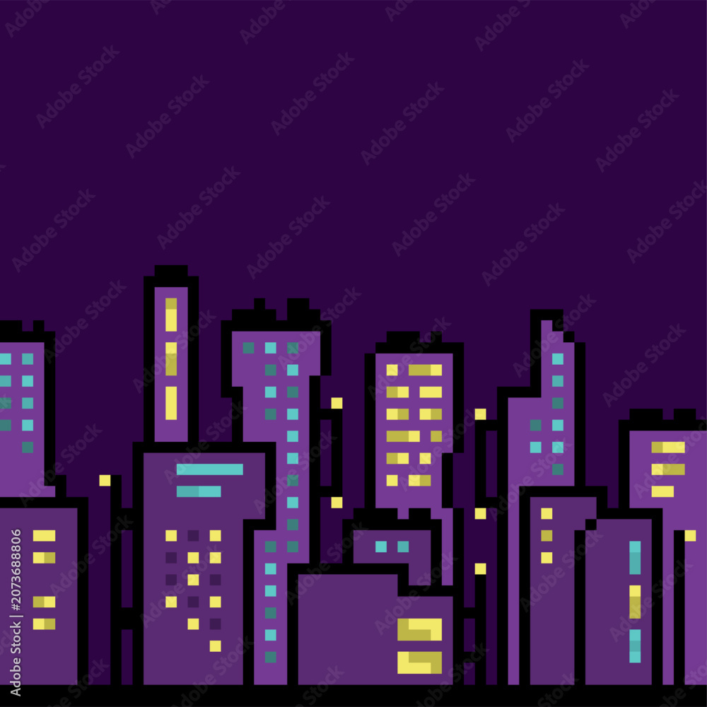 Fototapeta premium Pixel Art Night City Skyline Background with Copy Space