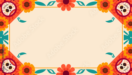 Εκτύπωση καμβά A vibrant and colorful Mexican-themed decorative frame with marigold flowers and sugar skulls, perfect for Day of the Dead celebrations or cultural events