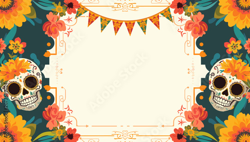 Φωτογραφία Vibrant Day of the Dead themed background with ornate sugar skulls, marigolds, and festive banners framing a central blank space, perfect for invitations or greetings