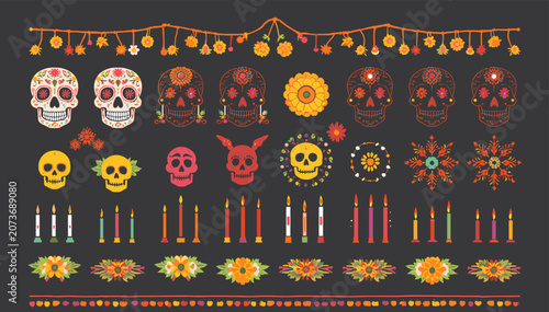 Φωτογραφία Collection of colorful Day of the Dead elements including sugar skulls, candles, and marigold flowers on a dark background, perfect for festive designs
