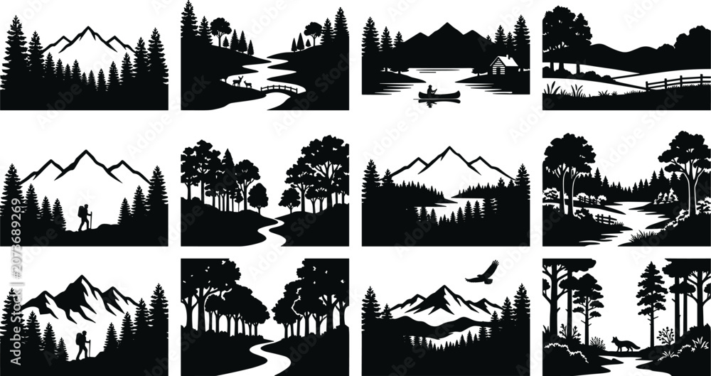 Obraz premium Forest Mountain Landscape Silhouette Vector Collection with Nature Scenery and Outdoor Adventure Elements