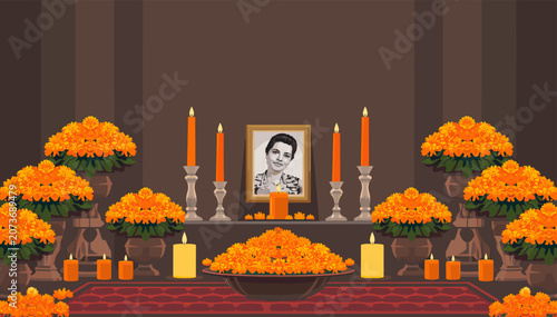 Konstfotografi Traditional Day of the Dead altar with a framed portrait, vibrant orange marigold flowers, and glowing candles in a commemorative setting