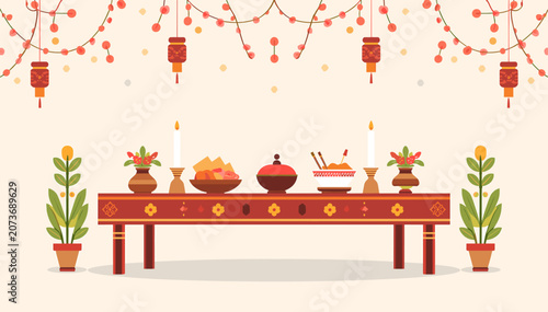 Schilderij op canvas A beautifully decorated table laden with traditional food, candles, and festive lanterns, set for a cultural celebration or offering