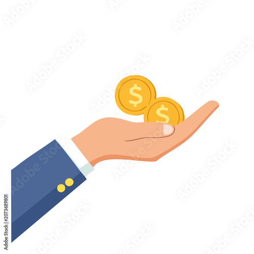 Hand holding gold coin flat illustration