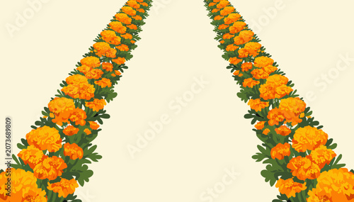 Valokuva Two parallel lines of vibrant orange marigold flowers forming a decorative path on a light background, receding into the distance
