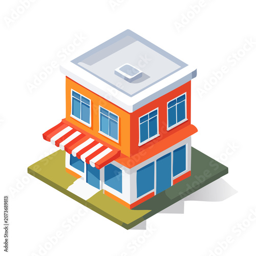 Isometric shop building with storefront and awning