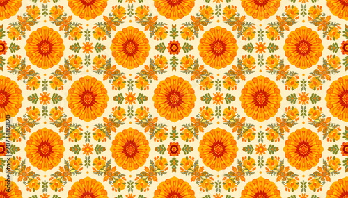 Fotografie A vibrant seamless pattern featuring intricate orange and yellow floral motifs arranged in a symmetrical, kaleidoscopic design