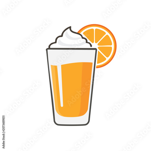 Orange juice in glass with whipped cream and slice
