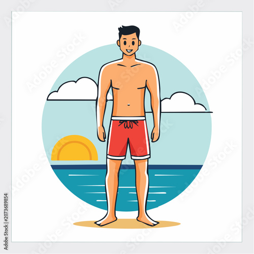 Man in red swim shorts at the beach with sunset