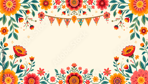 Fotografía Vibrant floral border with traditional folk art style flowers and festive bunting on a light background