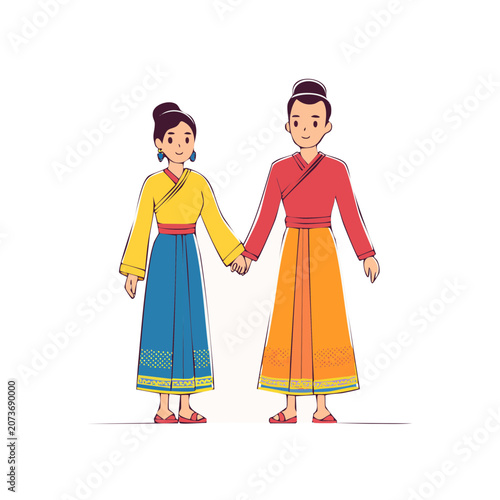 Two people in traditional clothing holding hands