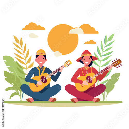 Two people playing guitar in nature illustration