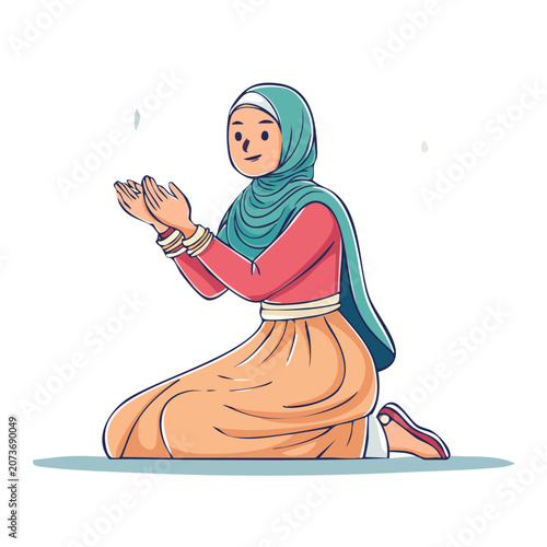 Woman in hijab praying, flat vector illustration