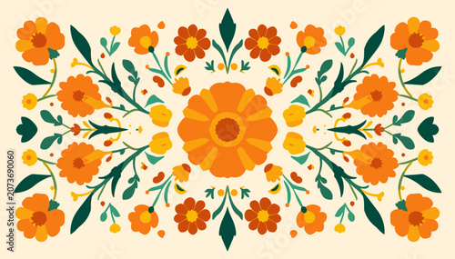 Bilde på lerret Vibrant symmetrical floral pattern with stylized orange and yellow marigolds and green leaves on a light background, inspired by traditional folk art