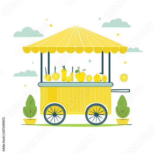 Yellow fruit cart with canopy and fresh produce