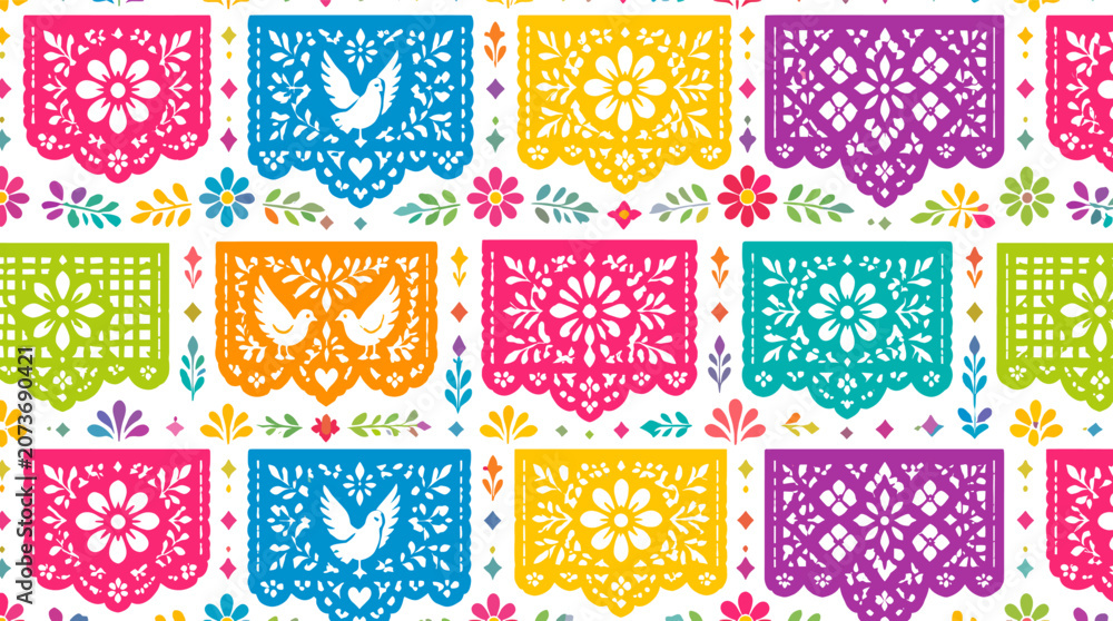Fototapeta premium Vibrant seamless pattern of traditional Mexican papel picado banners with intricate floral and bird designs on a white background.