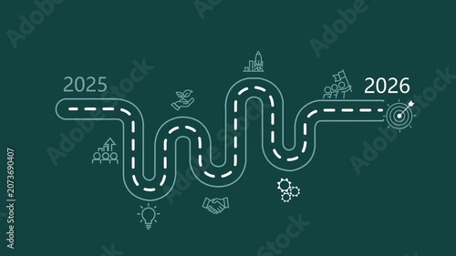 A winding roadmap illustrating business growth and success from 2025 to 2026 featuring icons for teamwork innovation partnership and achievement