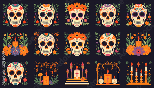 Fotografía A vibrant collection of Day of the Dead sugar skull illustrations and altar arrangements, featuring floral motifs and candles