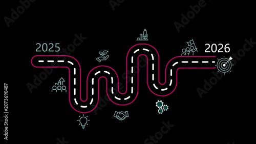 A winding roadmap illustrating business growth and success from 2025 to 2026 featuring vibrant pink accents and icons for teamwork innovation partnership and achievement