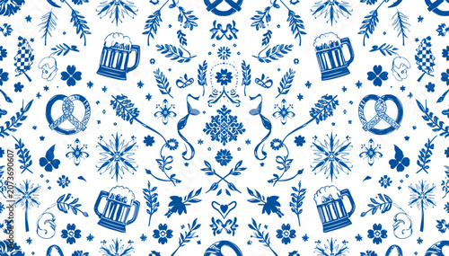 Photos Seamless blue and white Bavarian folk art pattern featuring beer mugs, pretzels, wheat, and traditional decorative elements for Oktoberfest