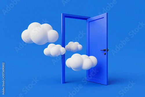 Blue door stands ajar, inviting passage. Soft clouds drift near, whimsical and serene. Bright blue backdrop frames the scene with calm.