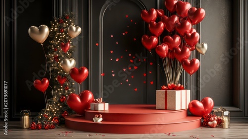 A 3D rendering stock photo depicting a Valentine's Day podium decorated with heart-shaped balloons, a gift box, and confetti.