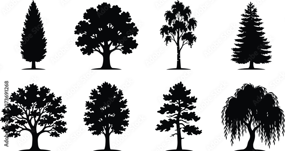 Obraz premium Tree Silhouette Vector Collection with Forest Plants and Natural Botanical Design Elements