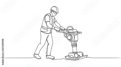 Photos Construction worker operating a plate compactor for soil compaction, single line