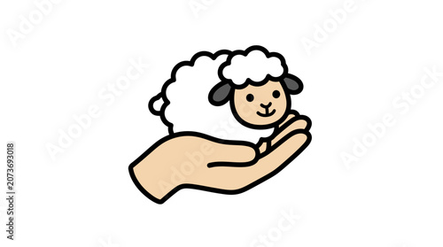 smiling sheep in human hand.