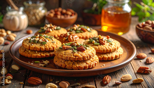 Healthy Homemade Nut and Seed Cookies on a Rustic Wooden Table