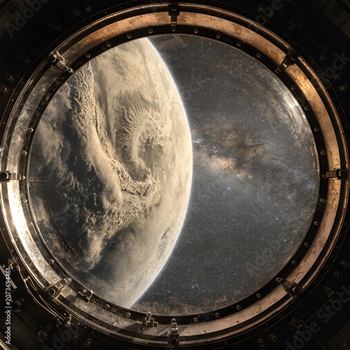 A photorealistic, high-resolution 8k rendering of the planet Venus during a close flyby, viewed through the circular, metallic window of a spacecraft.