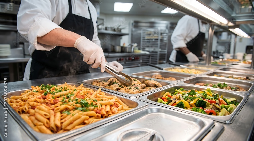 Obraz premium Professional chef in white uniform and gloves serving fresh hot pasta and vegetables from stainless steel buffet trays in commercial kitchen environment for restaurant catering service