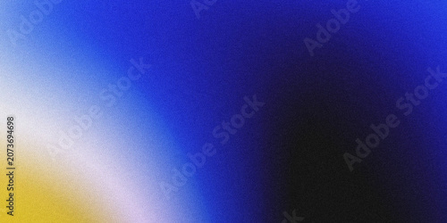 Photos Wide horizontal abstract grainy texture background with soft noisy gradient shifting from golden yellow, pale white, vibrant royal blue to deep black