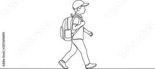 Canvastavla Minimalist schoolboy wearing cap and backpack continuous line drawing vector gra