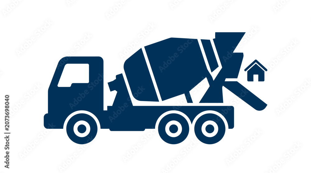 Fototapeta premium Cement truck icon displays a rotating mixer drum alongside a small house symbol to illustrate residential construction services.