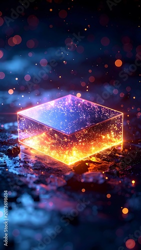A glowing 3D cube with vibrant orange and purple lights on a dark background