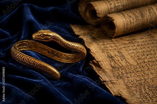 Golden serpent armlet on blue velvet with aged papyrus scrolls, historical elegance.