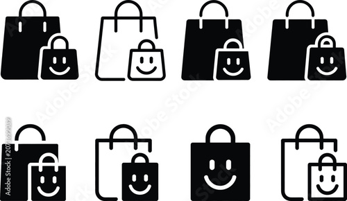 Shopping bag vector icon set representing retail commerce store purchase delivery sales and happy consumer service.