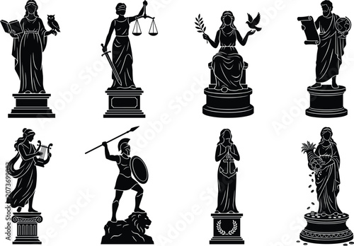 Photos Classical Greek and Roman allegorical statue silhouettes set representing justic