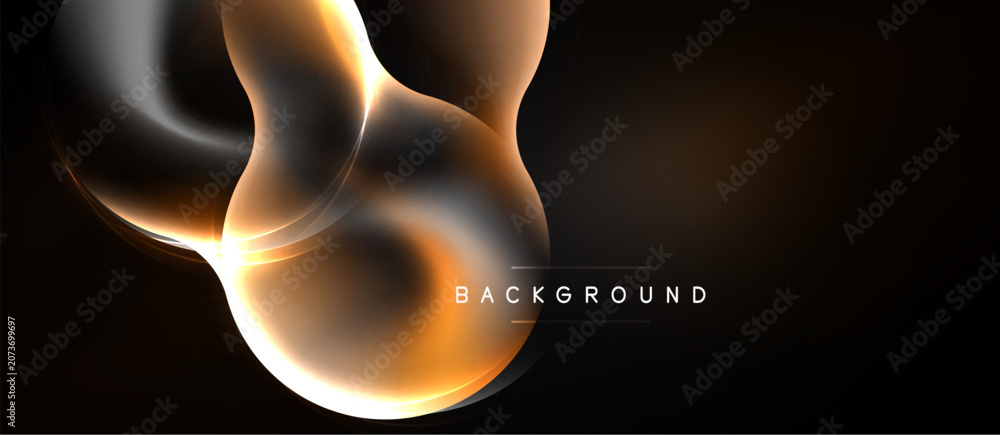 Naklejka premium Abstract fluid shapes, warm colors, glowing effect. Dark background emphasizes light curves, creating dynamic visual.