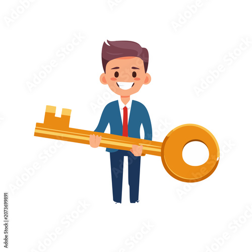 Cartoon businessman holding giant golden key