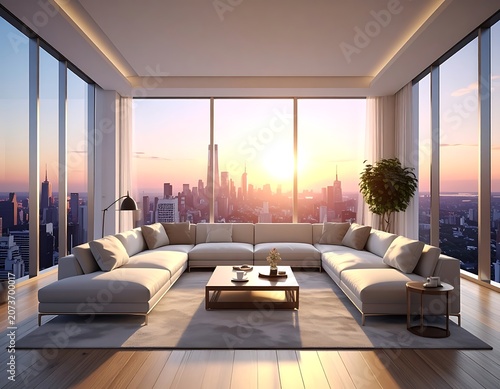A modern living room with a city view at sunset (117)