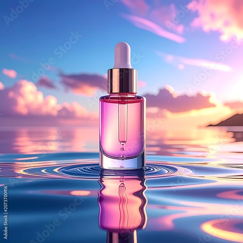 A pink liquid-filled dropper bottle floats on rippling water at sunset